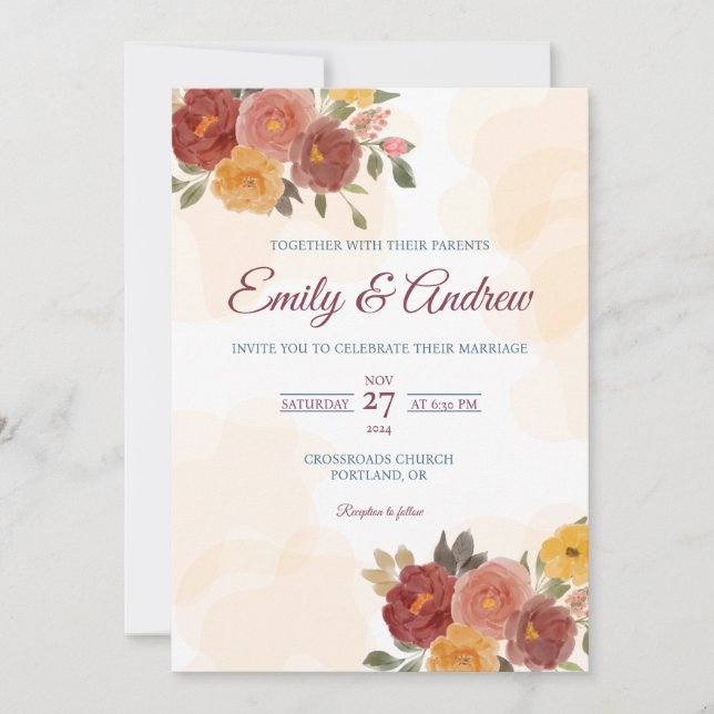 Rust Rose Autumn Boho Floral Watercolor Wedding Invitation (Front)