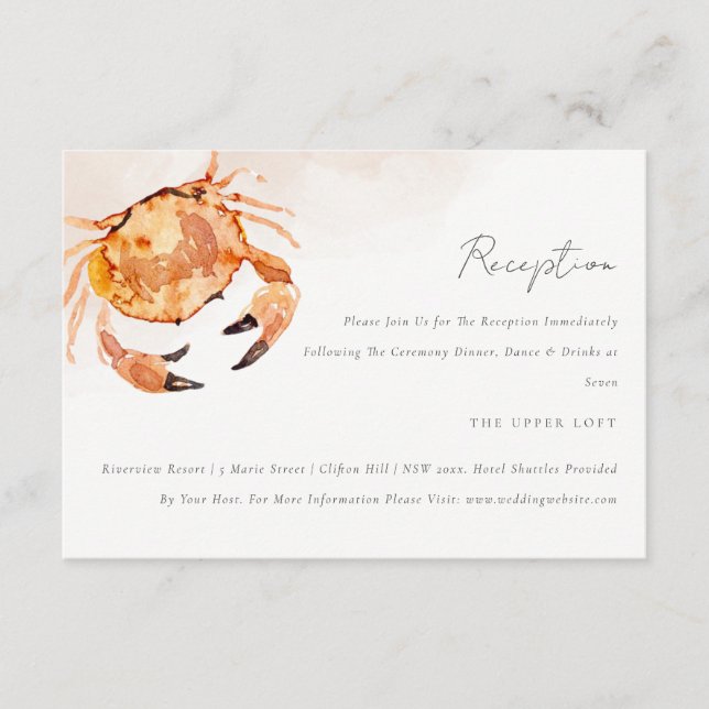 Rust Sand Coastal Crab Nautical Wedding Reception Enclosure Card (Front)