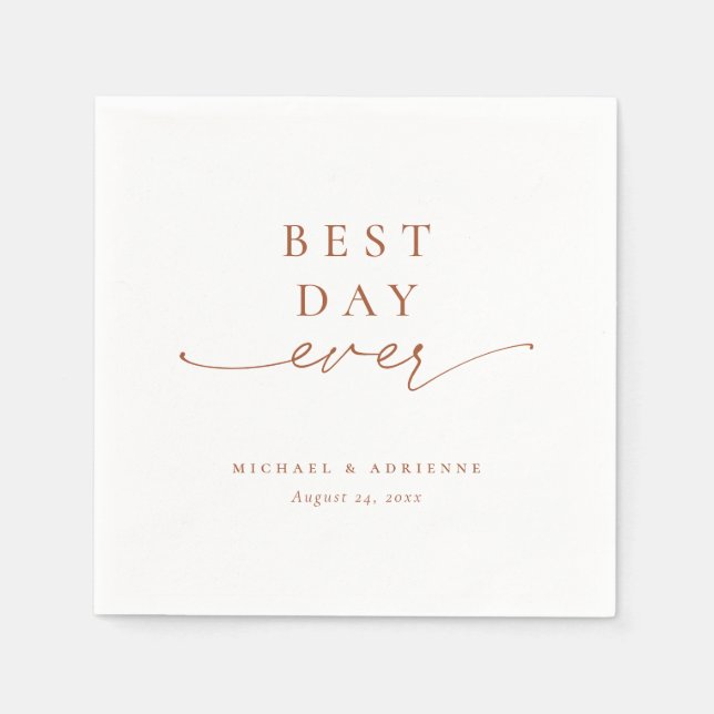 Rust Simple Best Day Ever Calligraphy Wedding Napkins (Front)