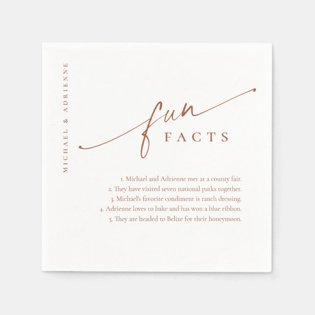 Rust Simple Modern Script Fun Facts Wedding Napkins (Front)