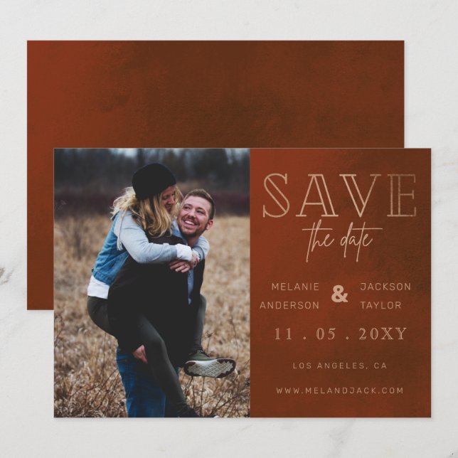 Rust Stylish Handwritten Photo Save the Date (Front/Back)