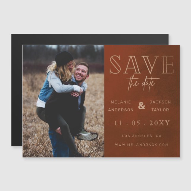 Rust Stylish Handwritten Photo Save the Date Magnetic Invitation (Front/Back)