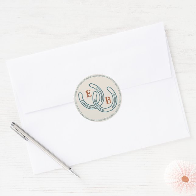 Rust Teal Western Horseshoe Wedding Monogram Classic Round Sticker (Envelope)