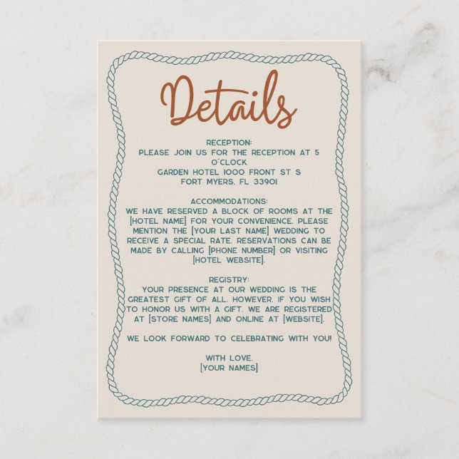 Rust Teal Western Rustic Barn Wedding Details Enclosure Card (Front)