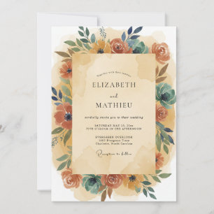 Rust Teal Wreath Wedding Invitation