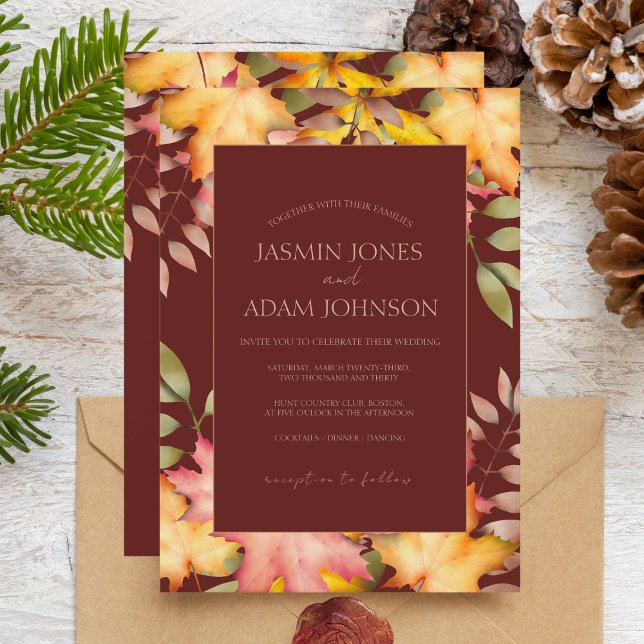Rust Terracotta Autumn Leaves Rustic Wedding Invitation (Creator Uploaded)