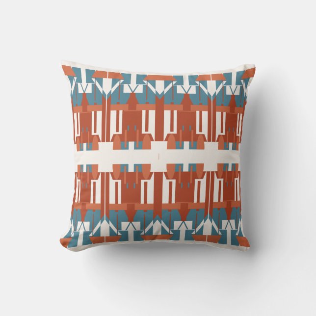 Rust Terracotta Blue Horizontal Symmetrical Design Throw Pillow (Front)