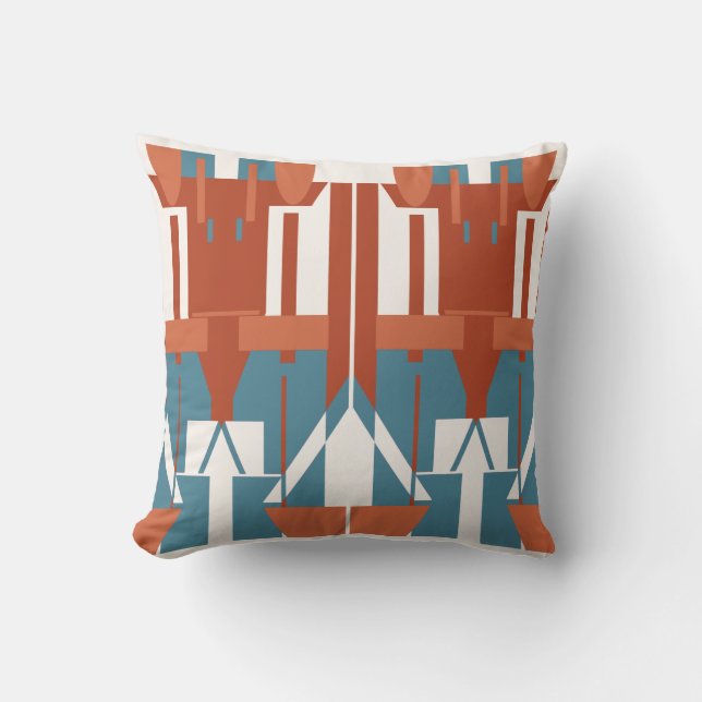 Rust Terracotta Blue Mediterranean Symmetrical Throw Pillow (Front)