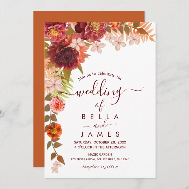 Rust Terracotta Boho Floral Wedding  Invitation (Front/Back)