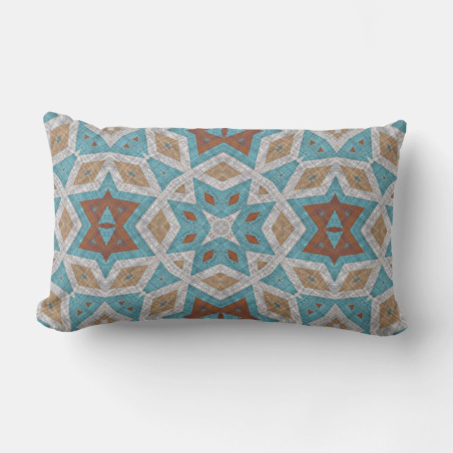 Rust Terracotta Brown Teal Blue Orient Tribal Art Lumbar Pillow (Front)