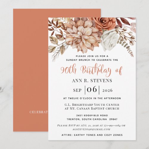 Rust Terracotta Fall Floral 90th Birthday Invitation