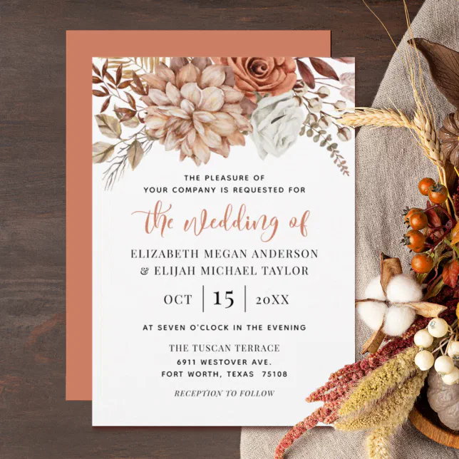 Rust Terracotta Fall Floral Wedding Invitation | Zazzle