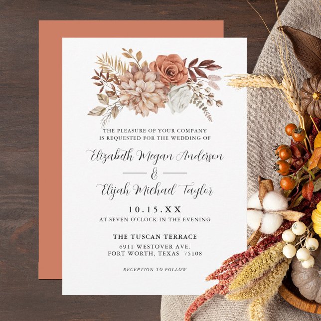 Rust Terracotta Fall Floral Wedding Invitation (Creator Uploaded)