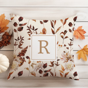 Rust Terracotta Fall Foliage Decoration Monogram Throw Pillow