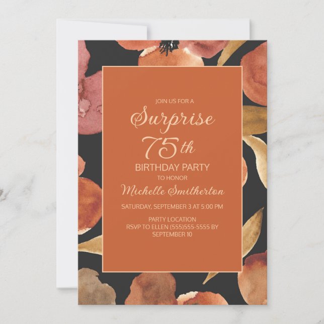 Rust Terracotta Floral Black 75th Surprise  Invitation (Front)