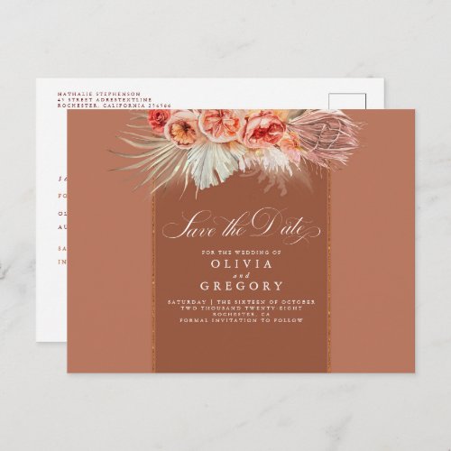 Rust Terracotta Floral Boho Fall Save The Date Announcement Postcard