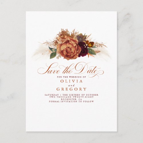 Rust Terracotta Floral Boho Fall Save The Date Announcement Postcard