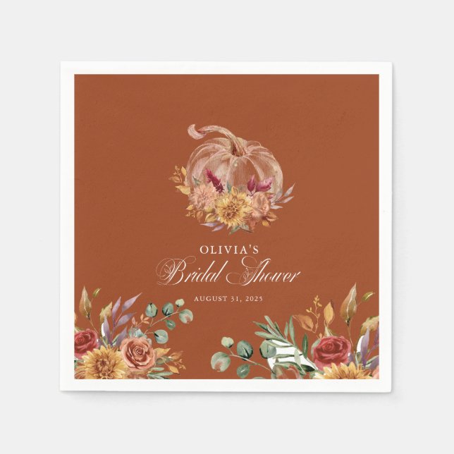 Rust Terracotta Floral Pampas Grass and Pumpkin Napkins (Front)
