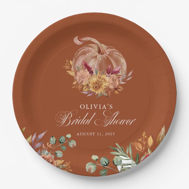 Rust Terracotta Floral Pampas Grass and Pumpkin Paper Plates (Front)