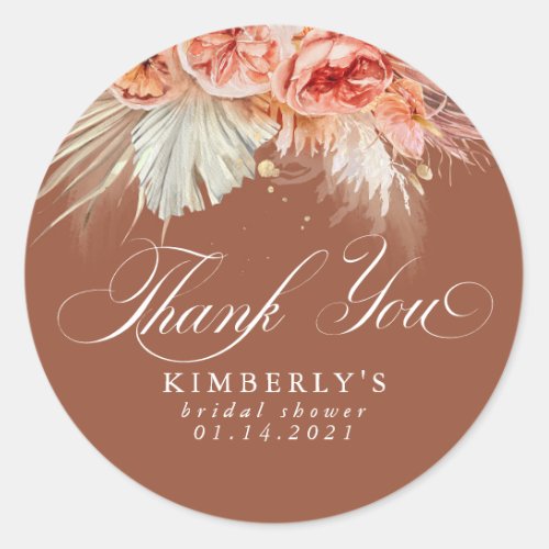 Rust Terracotta Floral Pampas Grass Thank You Classic Round Sticker