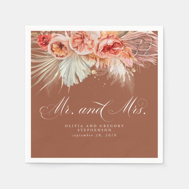 Rust Terracotta Floral Pampas Grass Wedding Napkin (Front)