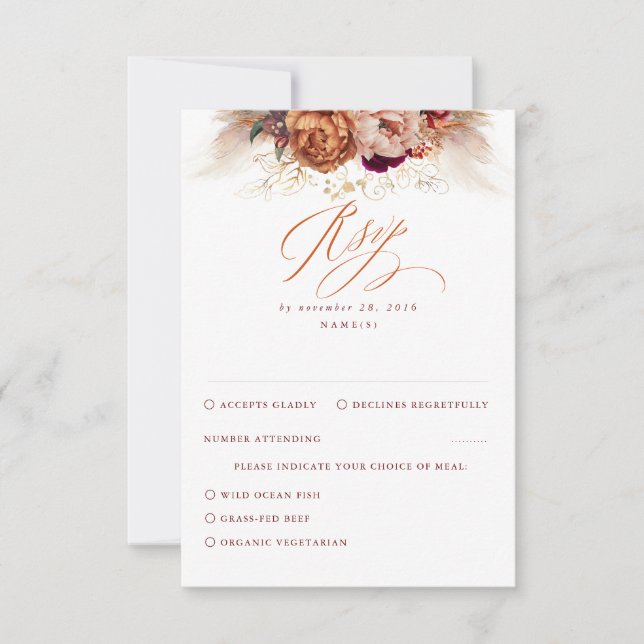 Rust Terracotta Floral Pampas Grass Wedding RSVP (Front)