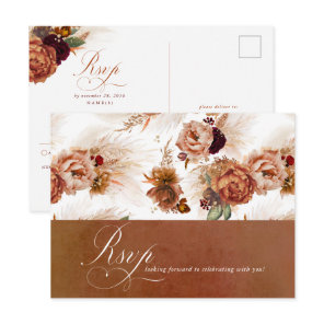 Rust Terracotta Floral Pampas Grass Wedding RSVP Postcard