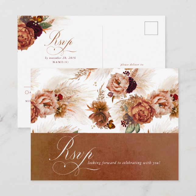Rust Terracotta Floral Pampas Grass Wedding RSVP Postcard (Front/Back)