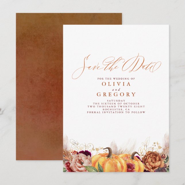 Rust Terracotta Floral Pumpkins Fall Save the Date Announcement (Front/Back)