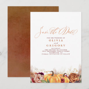 Rust Terracotta Floral Pumpkins Fall Save the Date Announcement