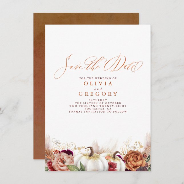 Rust Terracotta Floral Pumpkins Fall Save the Date Announcement (Front/Back)