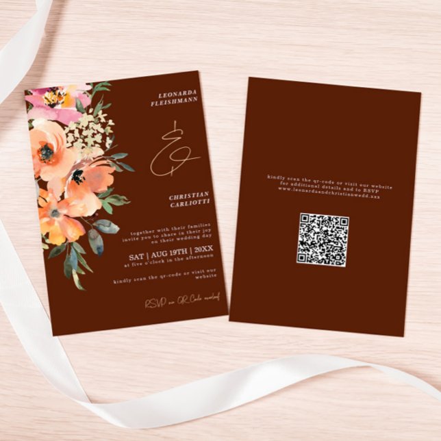 Rust Terracotta Floral QR Code Wedding  Invitation (Creator Uploaded)