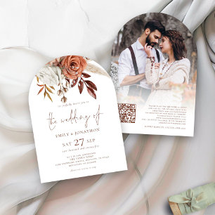 Rust Terracotta Florals Photo QR Code Wedding Arch Invitation
