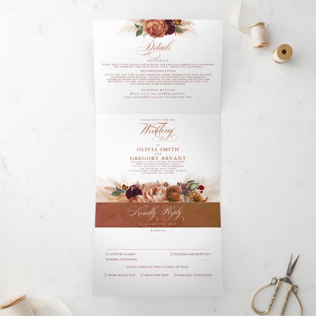 Rust Terracotta Flowers and Pampas Grass Wedding Tri-Fold Invitation (Inside)