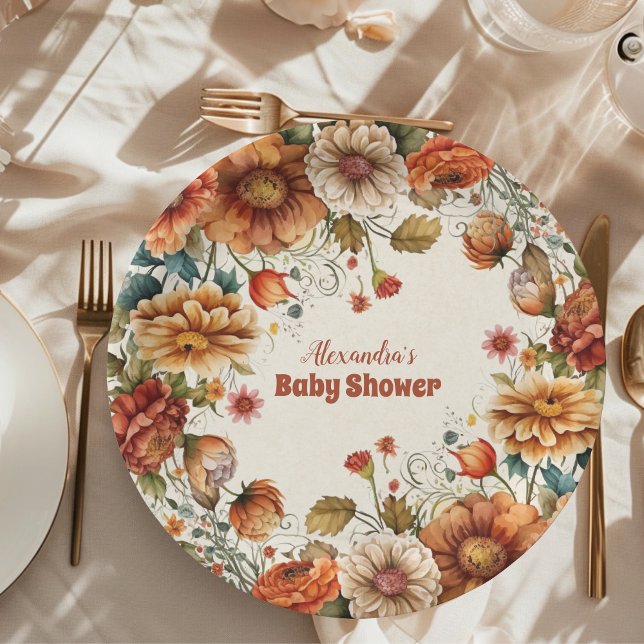 Rust Terracotta Flowers Baby Shower Paper Plates (Creator Uploaded)