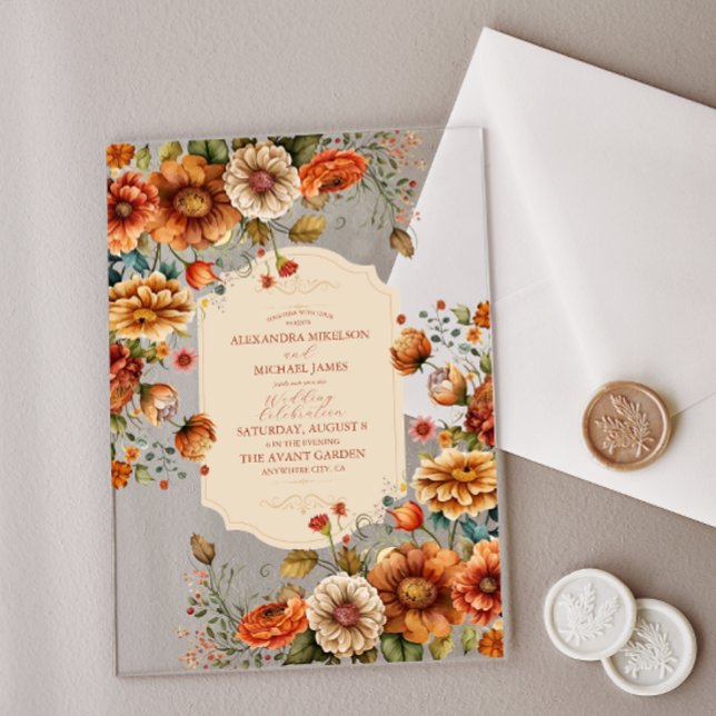 Rust Terracotta Flowers Burnt Orange Fall Wedding Acrylic Invitations (Creator Uploaded)