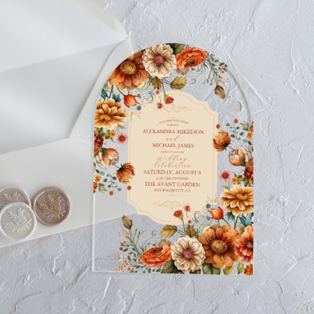 Rust Terracotta Flowers Burnt Orange Fall Wedding Acrylic Invitations (Creator Uploaded)