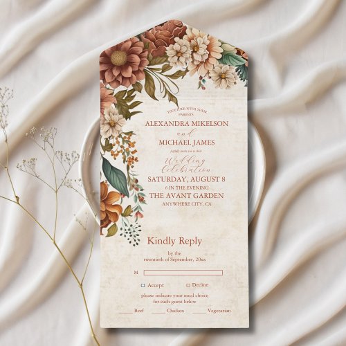 Rust Terracotta Flowers Burnt Orange Fall Wedding All In One Invitation