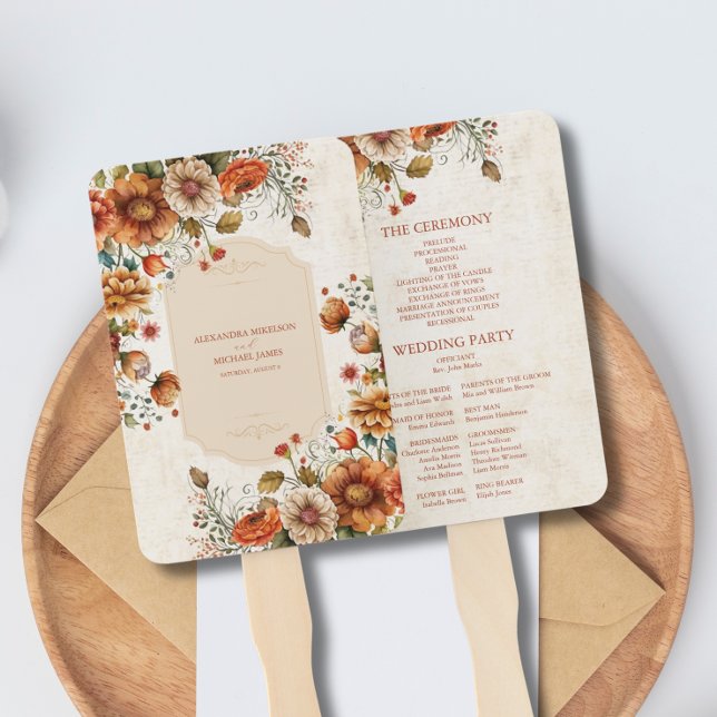 Rust Terracotta Flowers Burnt Orange Fall Wedding Hand Fan (Creator Uploaded)