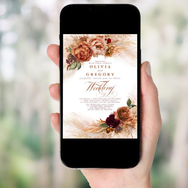 Rust Terracotta Flowers Burnt Orange Fall Wedding Invitation (Front Digital)