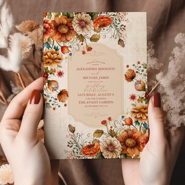 Rust Terracotta Flowers Burnt Orange Fall Wedding Invitation (Creator Uploaded)