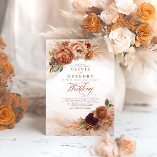 Rust Terracotta Flowers Burnt Orange Fall Wedding Invitation