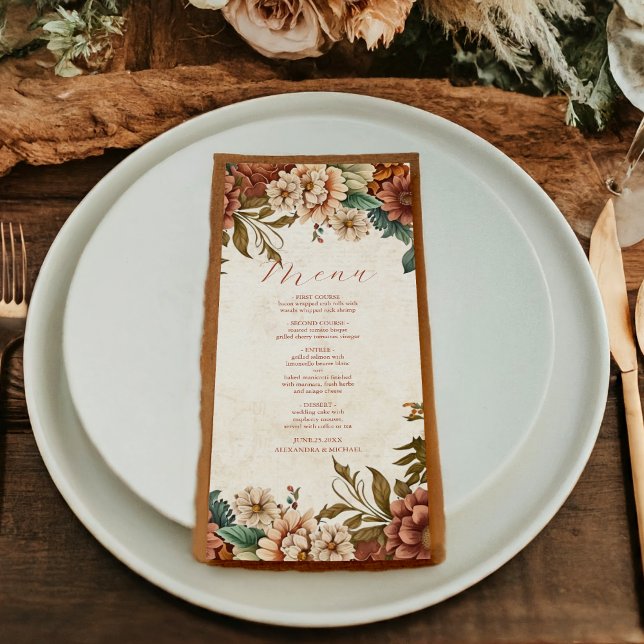 Rust Terracotta Flowers Burnt Orange Fall Wedding Menu (Creator Uploaded)