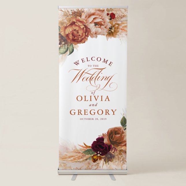 Rust Terracotta Flowers Burnt Orange Fall Wedding Retractable Banner (Front)