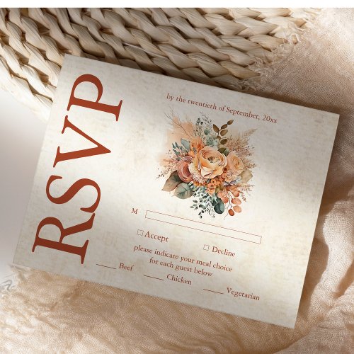 Rust Terracotta Flowers Burnt Orange Fall Wedding RSVP Card