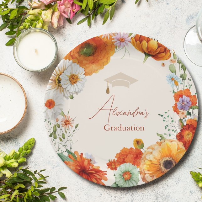 Rust Terracotta Flowers Burnt Orange Graduation Paper Plates (Creator Uploaded)