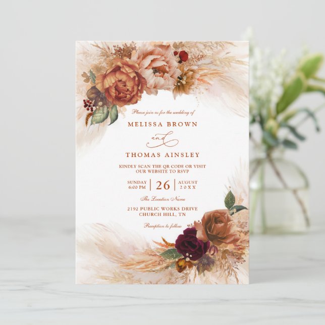 Rust Terracotta Flowers Burnt QR Code Wedding Invitation (Standing Front)