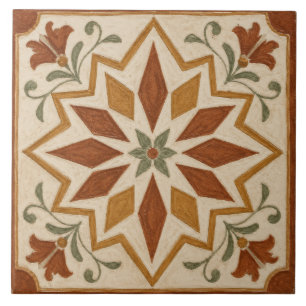Rust Terracotta Geometric Floral Star Medallion Ceramic Tile