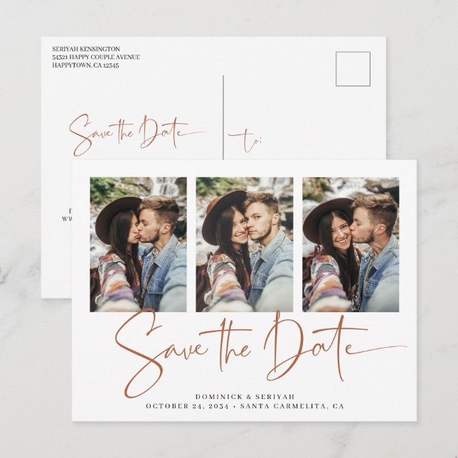 Rust Terracotta Handwritten Wedding Save the Date Postcard (Front/Back)