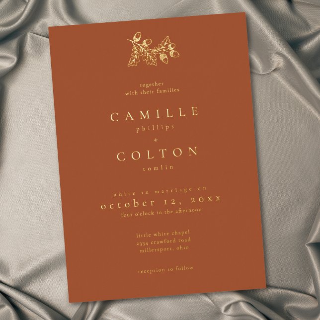 Rust Terracotta Minimalist Leaf Acorn Fall Wedding Foil Invitation (Rust Terracotta Minimalist Leaf Acorn Fall Wedding Foil Invitation)